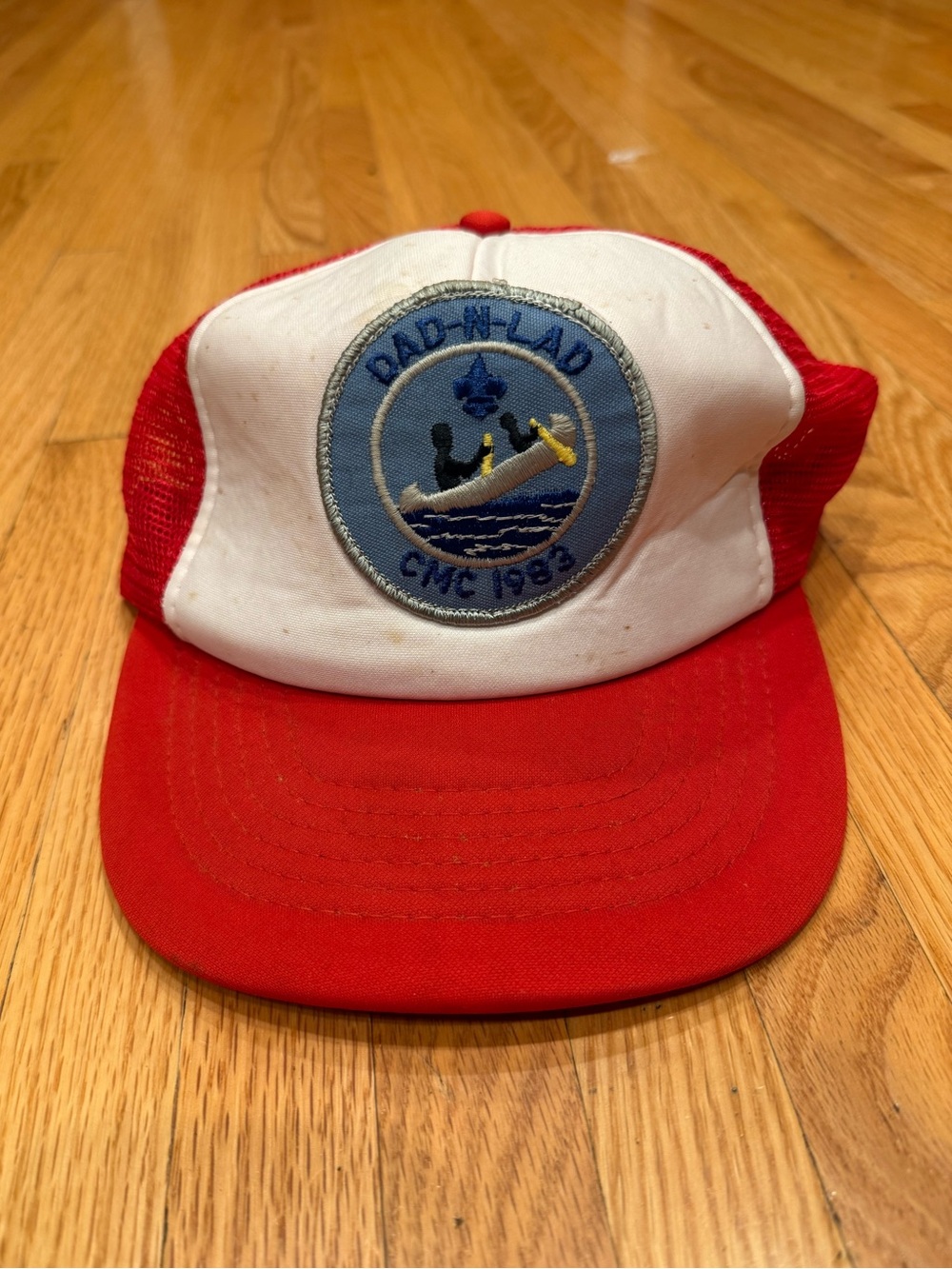 Dad N Lad CMC 1983 Red and White Trucker Hat with Embroidered Canoe Patch